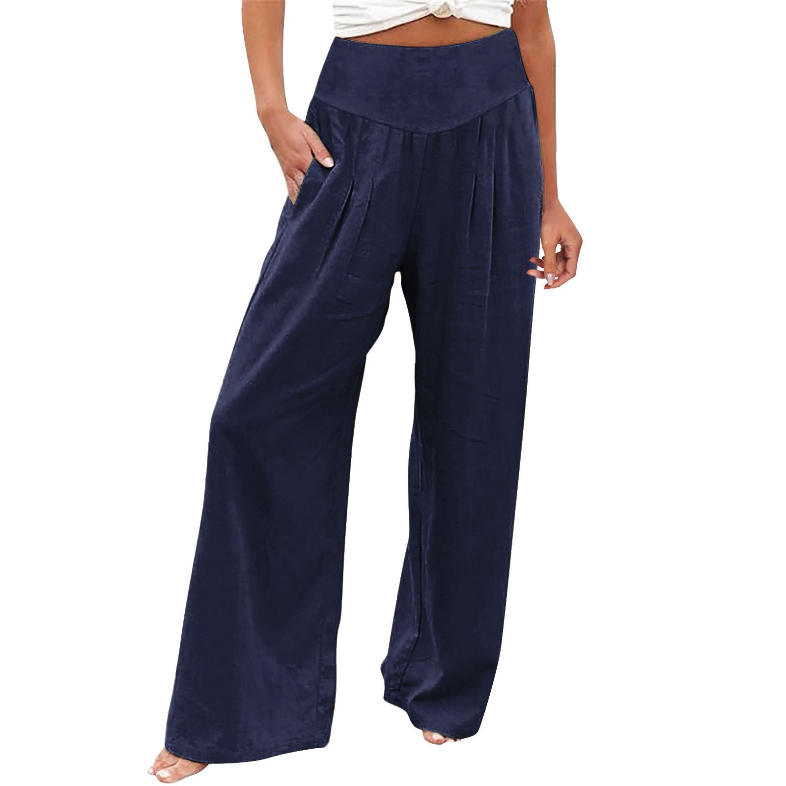 thumbnail image 2 of Pantalones de mujer de cintura alta y pierna ancha: pantalones palazzo con bolsillos, tejido ligero, ropa informal para vacaciones, tallas S-XXXL, cintura de 68-88 cm, corte holgado y cómodo., 2 of 5
